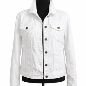 White Denim Jacket Womens Size M Cropped Trucker Button Front Cotton Classic